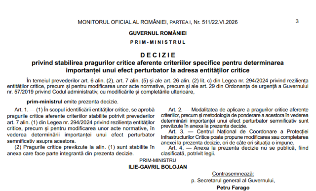 Decizia privind stabilirea pragurilor critice aferente criteriilor specifice pentru determinarea importanței unui efect perturbator la adresa entităților critice
